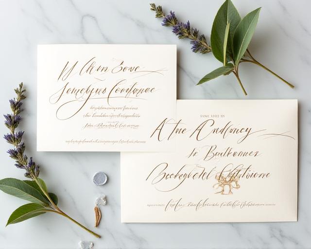 A luxurious wedding invitation suite with hand-lettered envelopes and wax seals