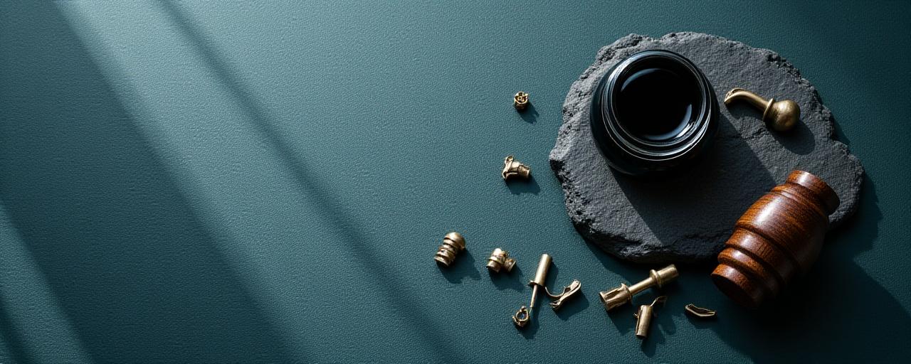 A collection of fine calligraphy nibs and ink wells on a stone desk